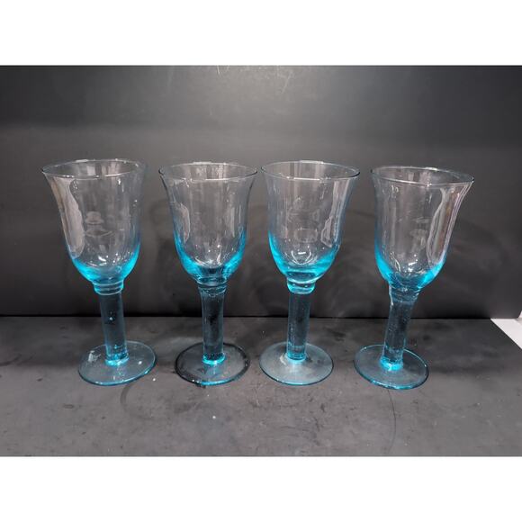 Hand Blown Sky Blue Wine Glasses, Long‎ Stem, Vintage Set of 4, Heavy Glassware - Picture 1 of 9